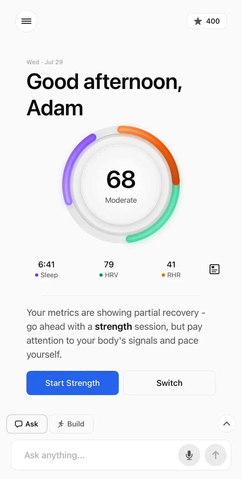 Jinni app home screen with today's readiness score and a suggested session