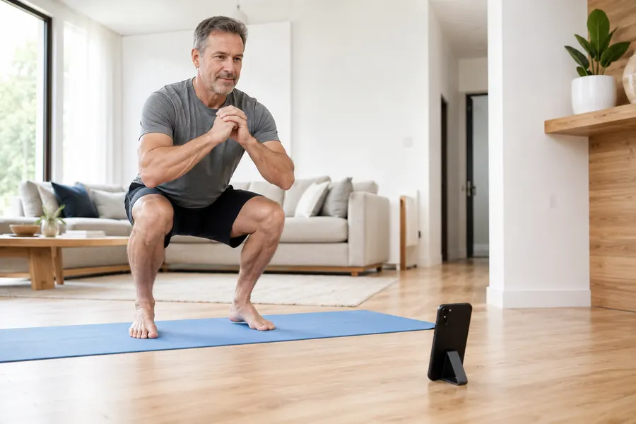 A man lowering into a deep squat on a mat in a bright living room, his phone on the floor in front of him.