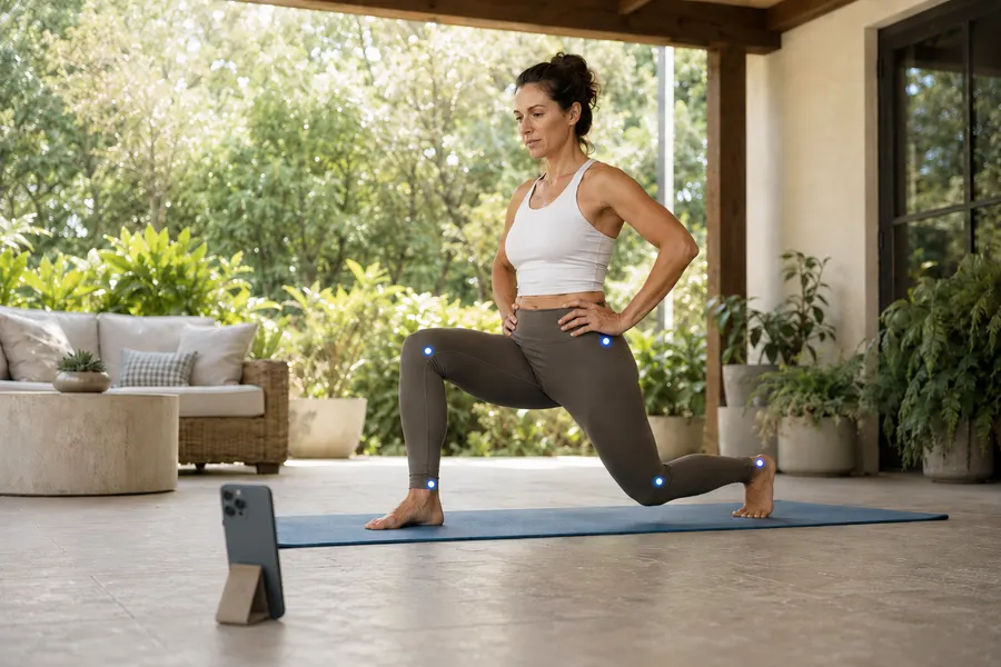 A woman holding a low split-stance lunge on a mat in a sunlit garden room, her phone on the floor in front of her.