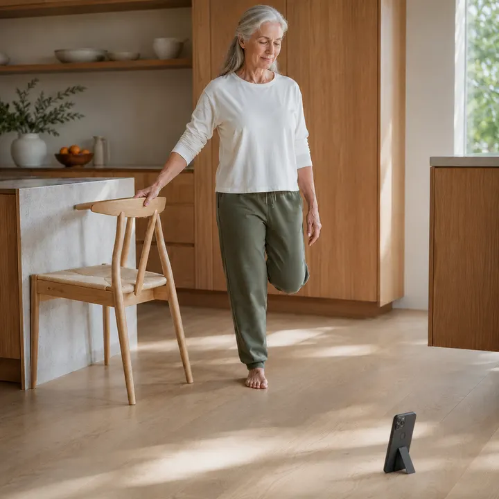 An older woman holding a single-leg balance with one hand on a chair back in her kitchen.