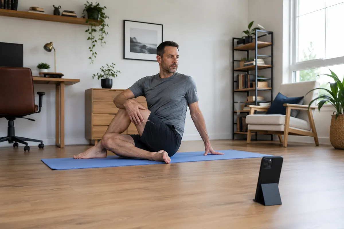 A wide view of a man sitting on a mat in a bright living room, his phone resting on the floor about two meters away.